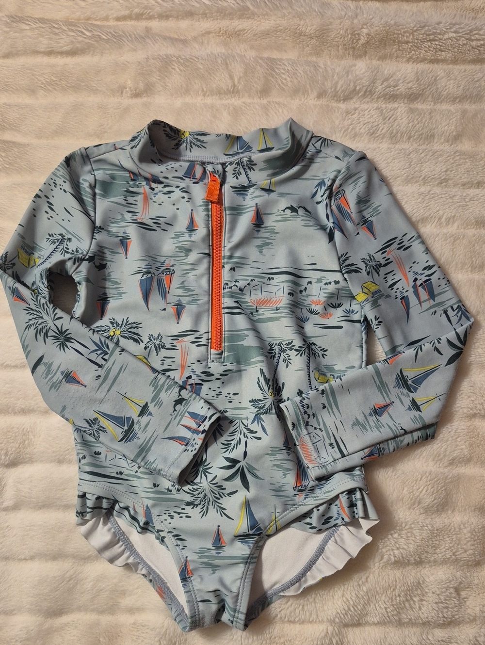 Carter's Light Blue Long-Sleeve Swim Suit with Orange Zip